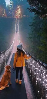 A girl and dog on a twinkling forest bridge at dusk.