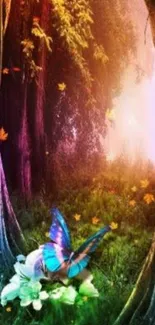 Butterfly on flowers in a magical forest.