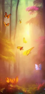 Colorful butterflies fluttering in a misty, enchanted forest setting.