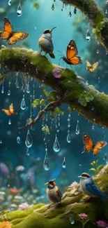 Vibrant forest with birds and butterflies on mossy branches.