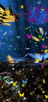 Magical forest scene with butterflies and glowing mushrooms on a log.