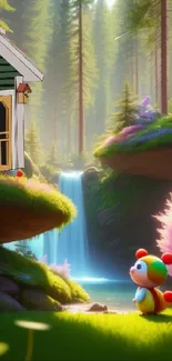 Colorful cartoon character and house in a vibrant forest with a waterfall.