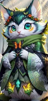 Whimsical cat in a forest with vibrant green cloak and butterflies.