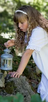 Young girl in white dress holding a lantern in a lush forest scene.