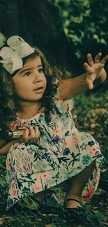 Young girl in forest with floral dress.