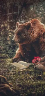 Child and bear in mystical forest setting with book.