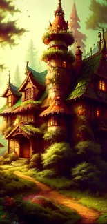 Whimsical fairytale cottage in a lush forest setting for phone wallpaper.