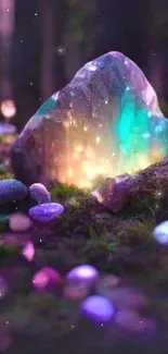 Glowing crystal in a mystical forest with colorful stones.