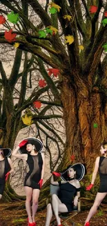 Artistic dancers under a large tree in a twilight forest setting.