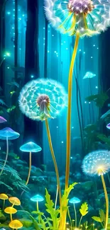 Glowing dandelions and mushrooms in a mystical forest wallpaper.