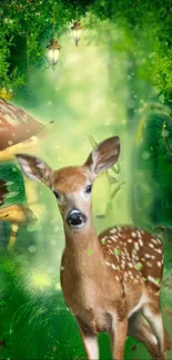 Charming deer in an enchanting forest setting with glowing mushrooms.