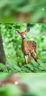 A young deer stands amidst vibrant green forest foliage.