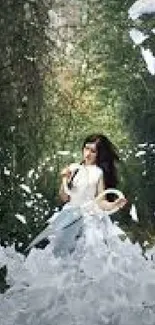 A woman in a white dress amidst a dark, enchanting forest setting.