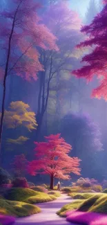 Enchanting forest with vibrant purple and pink hues, creating a mystical dreamscape.