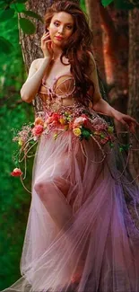 Woman in floral dress in a forest setting, surrounded by lush greenery.