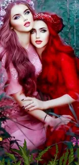 Mystical women in red and pink attire amidst a vibrant forest with butterflies.