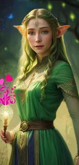 Enchanting forest elf in green dress holding a magical light in a mystical setting.