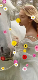 A woman with long hair stands with a white horse in a mystical forest setting.