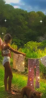 Woman in sparkling outfit in forest at dusk, surrounded by glowing lights and greenery.