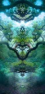 Mystical forest with captivating teal eyes wallpaper.