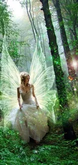 Luminous fairy with wings in a mystical forest setting with vibrant greenery.