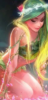 Enchanting forest fairy with floral details in vibrant green art.