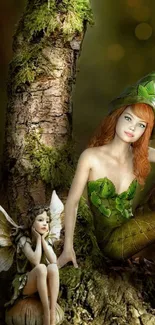 Forest fairies resting on a tree surrounded by lush greenery.