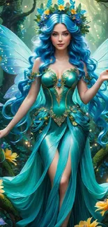 Fantasy forest fairy with turquoise gown and wings in lush woodland.