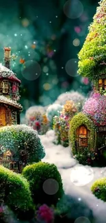 Whimsical forest scene with fairy homes among lush greenery.