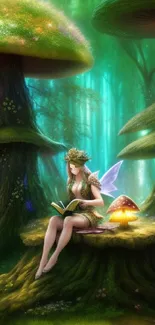 Whimsical fairy in magical forest setting with glowing mushrooms.