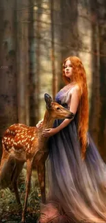 Young woman with deer in mystical forest.