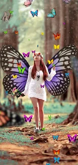 A fairy with butterfly wings in a forest with vibrant butterflies.