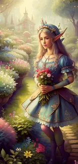 Fairy in a blue dress holding flowers in an enchanted forest.