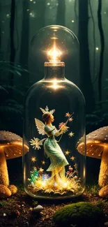 Fairy in a glowing bottle with mushrooms in a dark forest scene.