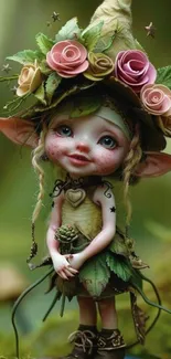 Whimsical fairy with flower hat in lush green forest.