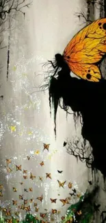 Silhouette of a fairy with orange wings in an enchanting forest setting.