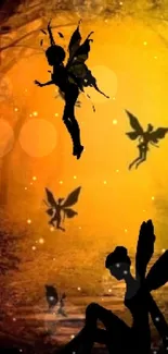 Silhouettes of fairies in an amber-lit forest setting.