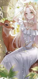 A forest fairy with a deer in a magical garden setting.