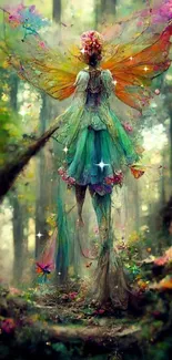 Enchanting forest fairy with vibrant wings in a mystical woodland setting.