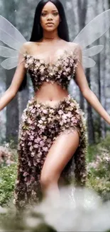 Mystical forest fairy with wings and floral dress in a serene woodland setting.