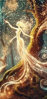 Ethereal gold fairy dancing in a glowing forest with magical swirls.