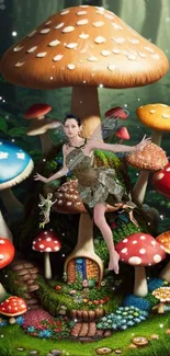 Fairy and mushroom house in an enchanted forest scene.