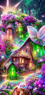 Whimsical fairy houses in a vibrant forest with pink flowers.