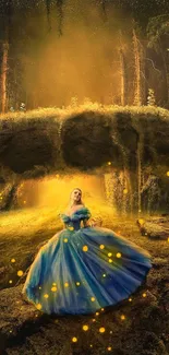 Fantasy wallpaper of a princess in a glowing forest with magical lights.