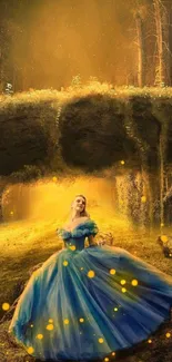 Fantasy art of glowing forest with princess in a blue dress.