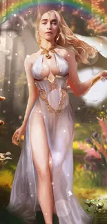 Fantasy goddess in mystical forest with rainbow.