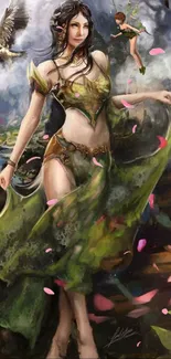 Fantasy forest wallpaper featuring a mystical woman in green attire with surrounding creatures.