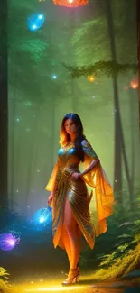 A mystical figure stands illuminated in a vibrant, glowing forest scene, exuding fantasy charm.