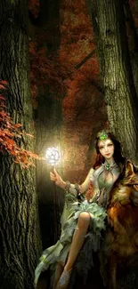 Mystical woman with wolf in forest fantasy art wallpaper.