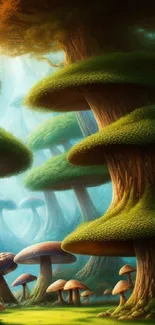 Fantasy forest wallpaper with towering trees and mushrooms in vibrant colors.